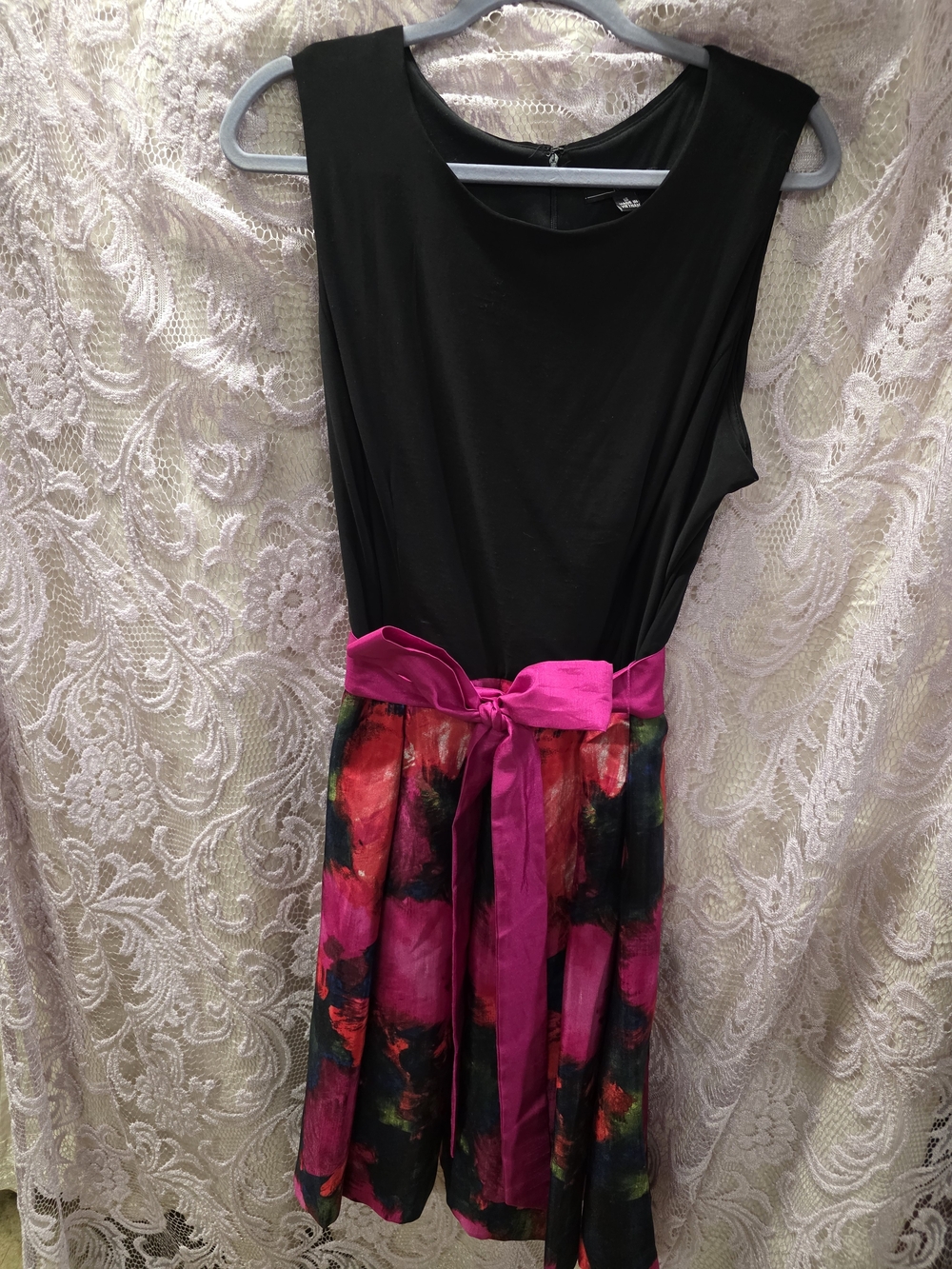 R&K Black Sleeveless Dress with Fuchsia Floral Skirt and Belt